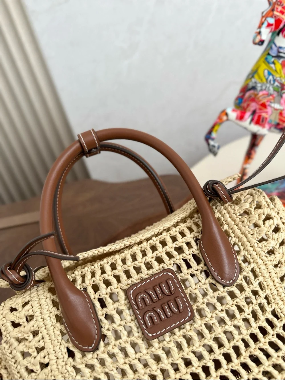 Miu Miu Crochet Satchel in Cream with Brown Leather Trim
